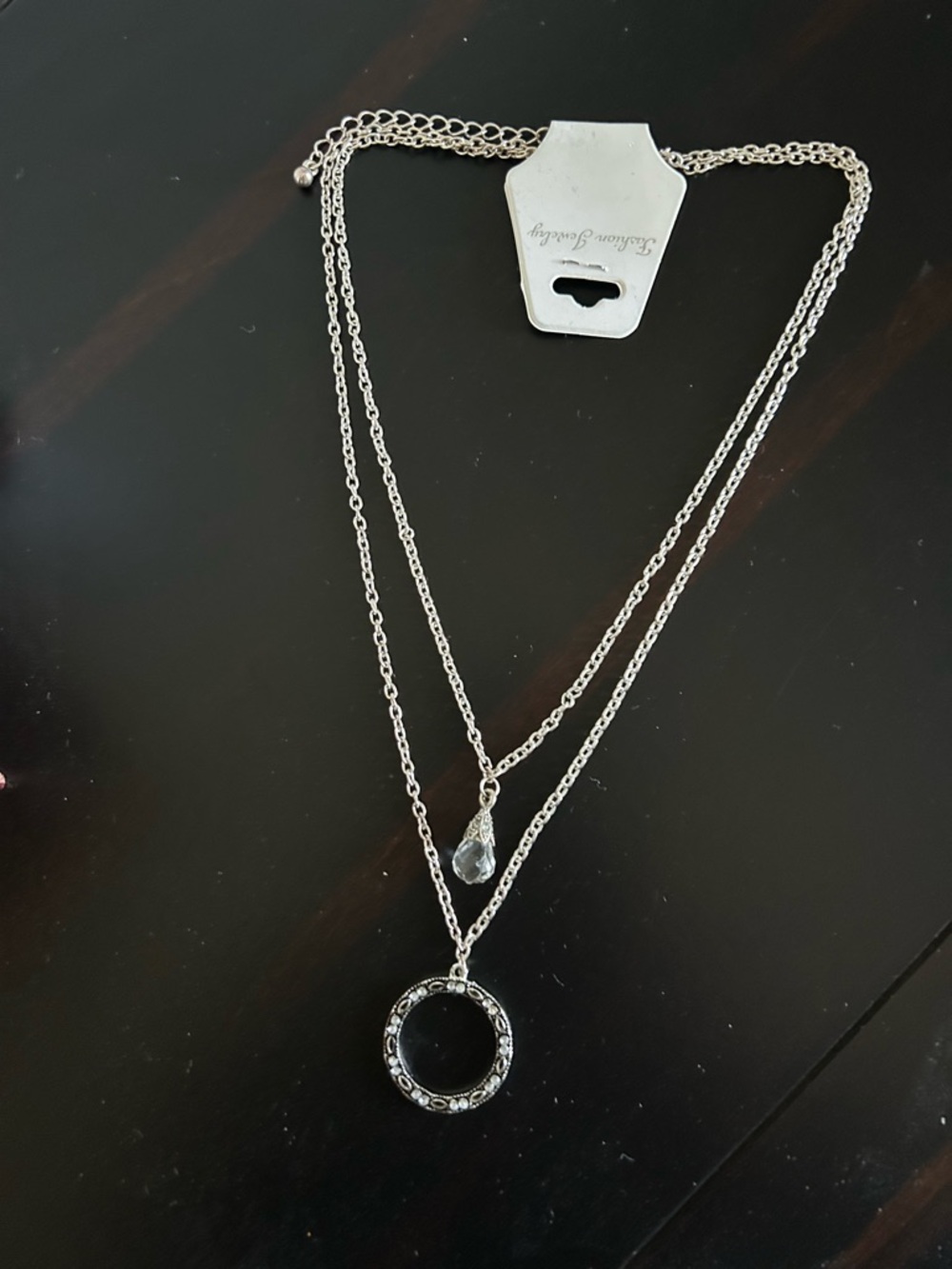 Silver-Tone Double Layer Circle & Teardrop Pendant Necklace